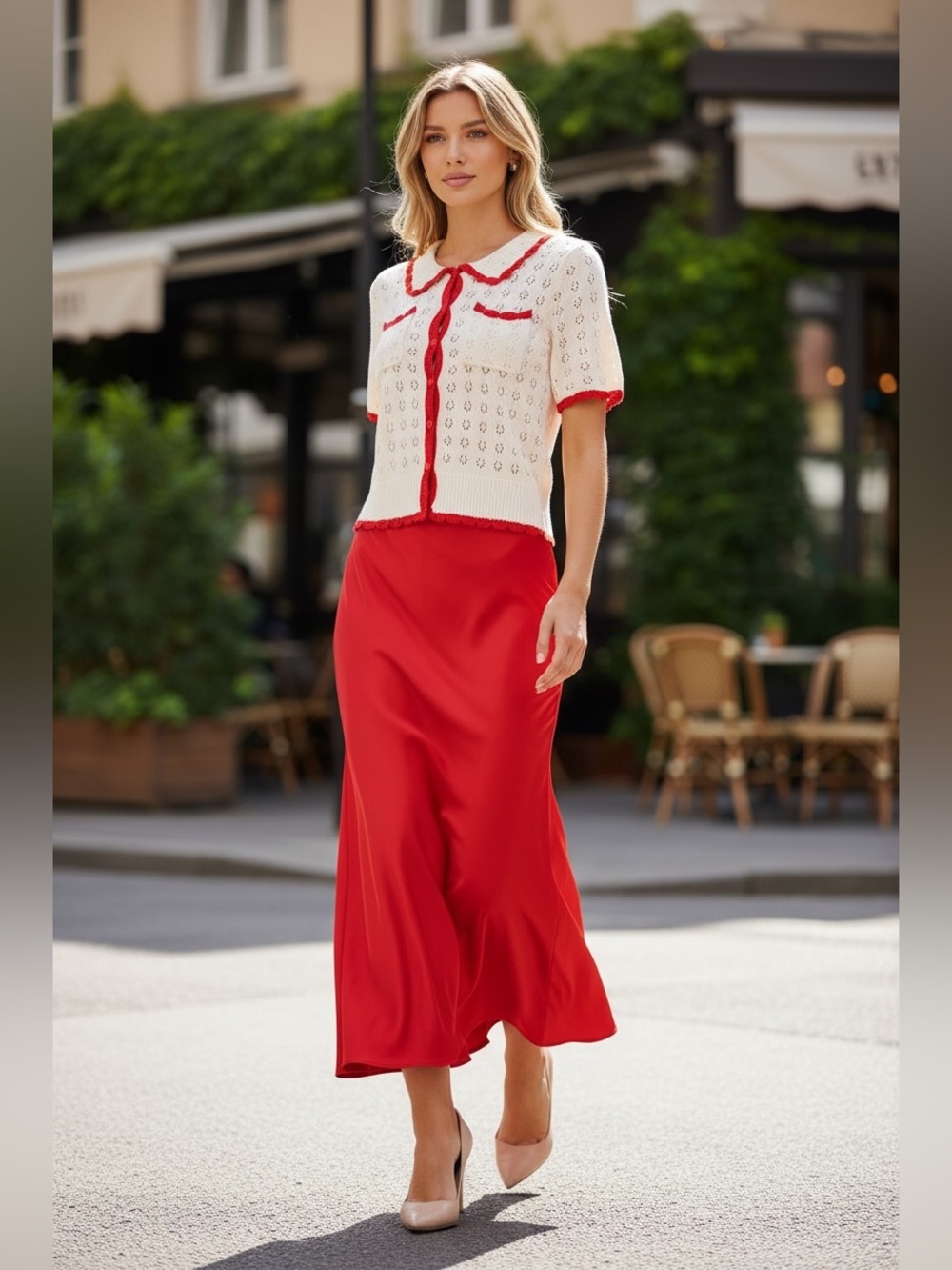 239 • Cream Eyelet Sweater Tip With Red Trim